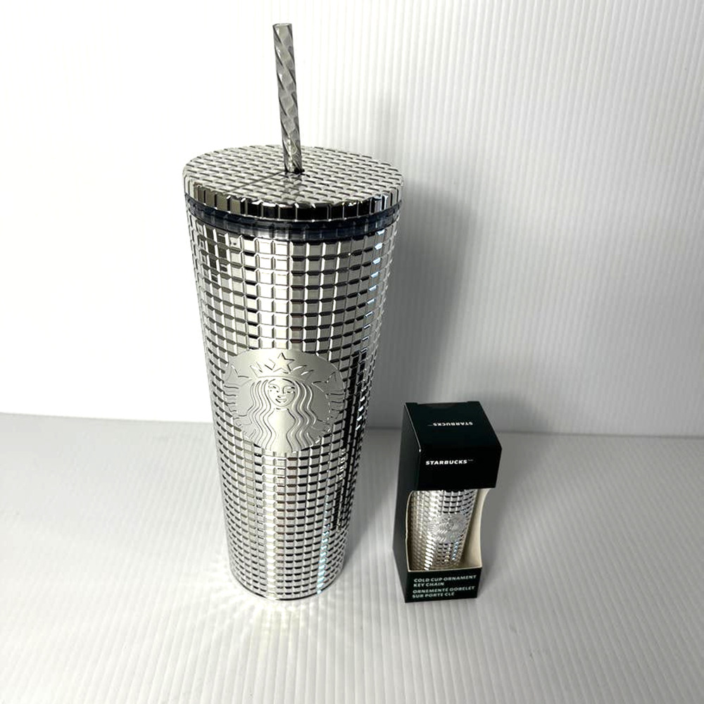 Starbucks Holiday 2023 Silver Disco Grid 24 oz Tumbler with Ornament Key Chain